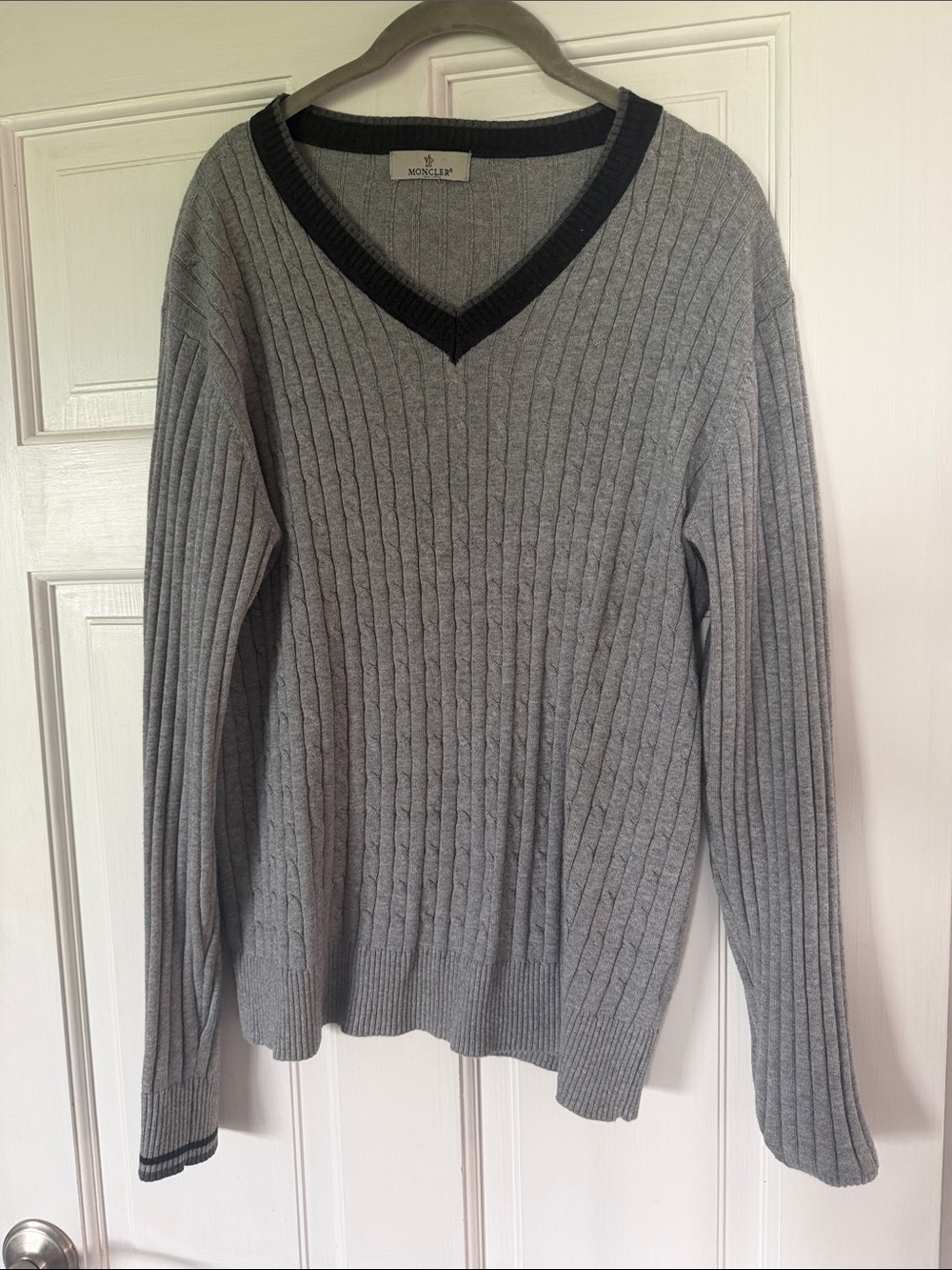 Moncler  Grey V-Neck Cable Knit Sweater